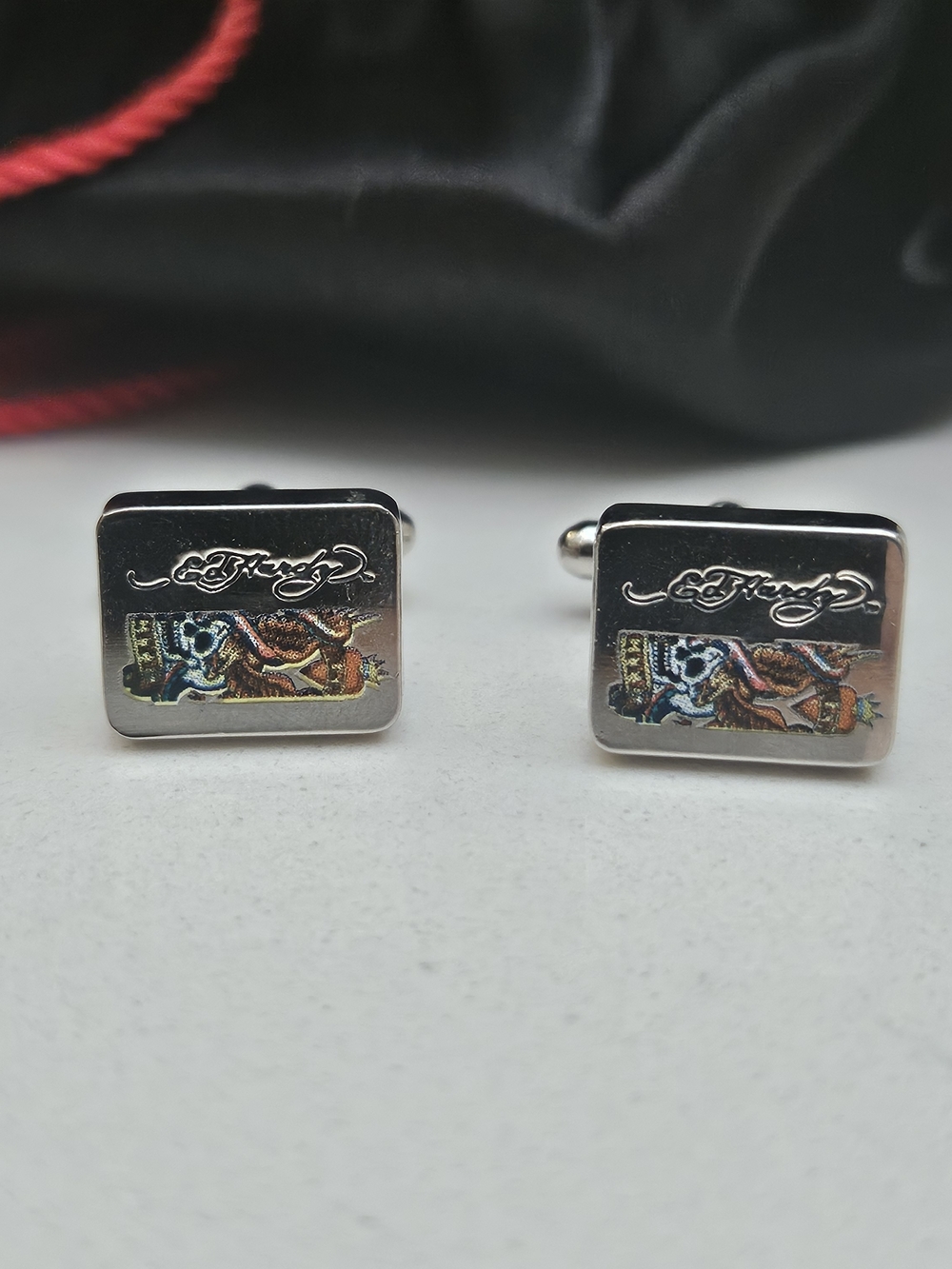 Ed Hardy Silver Rectangular Skull & Tattoo Cufflinks - Multicolor Accent
